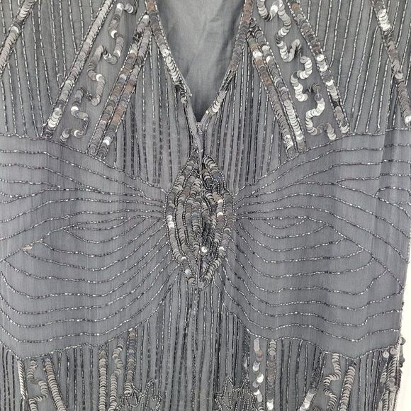 Vintage 80s Silk Black Beaded Sequined Short Sleeve Flapper Dress Sz M Cutout - Picture 4 of 14